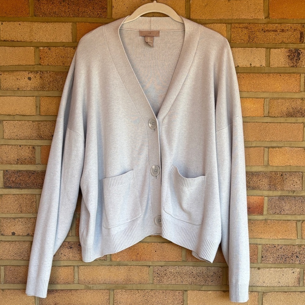 H&M Women's Light Gray oversized wool blend v neck Cardigan Sweater L